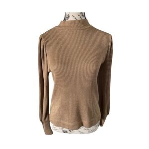 Loft Shimmery Ribbed Gold Metallic Mock Neck Puff Sleeve Sweater Size XS
